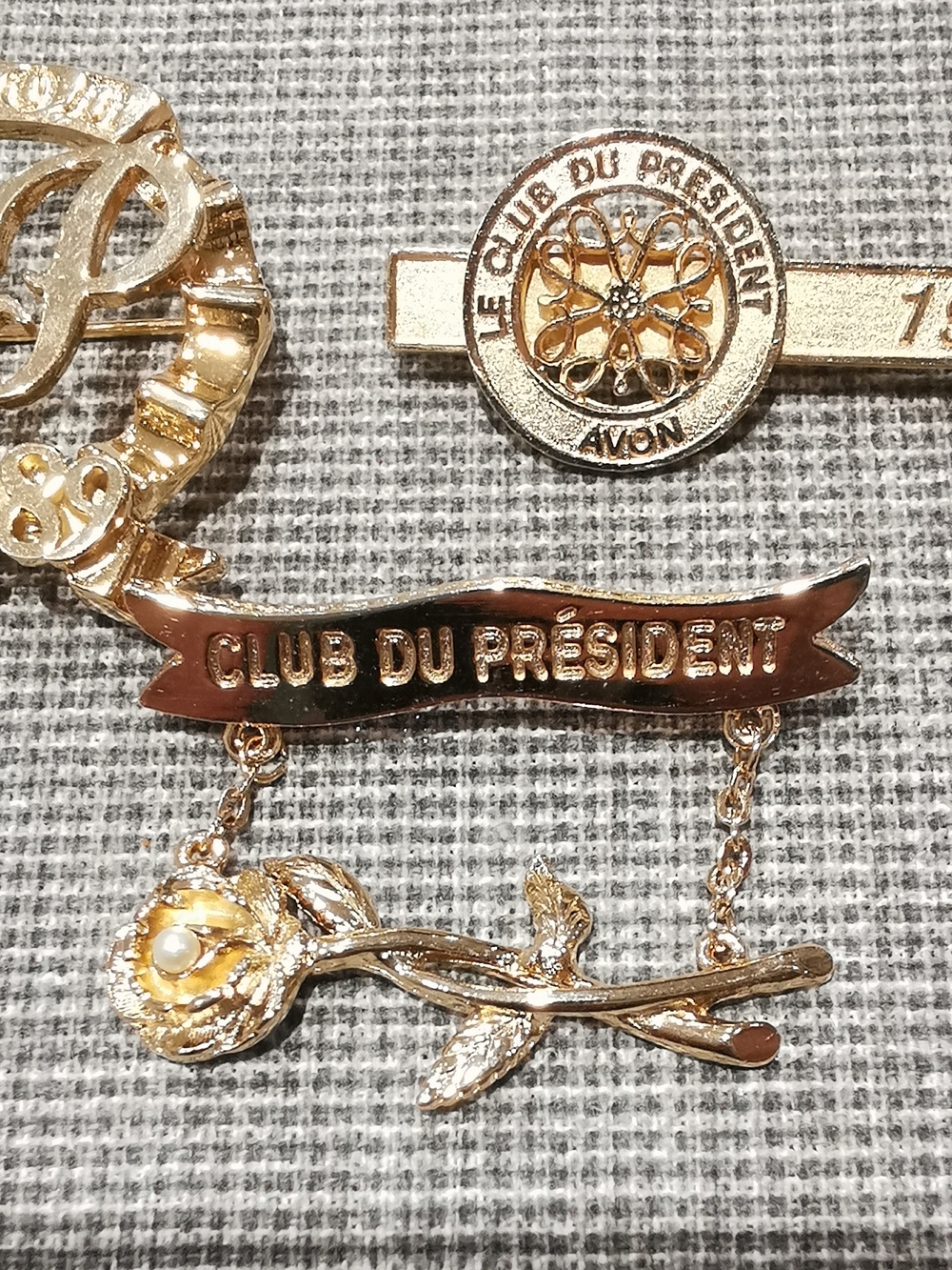 3 Avon Gold Tone Club Du Président Brooches